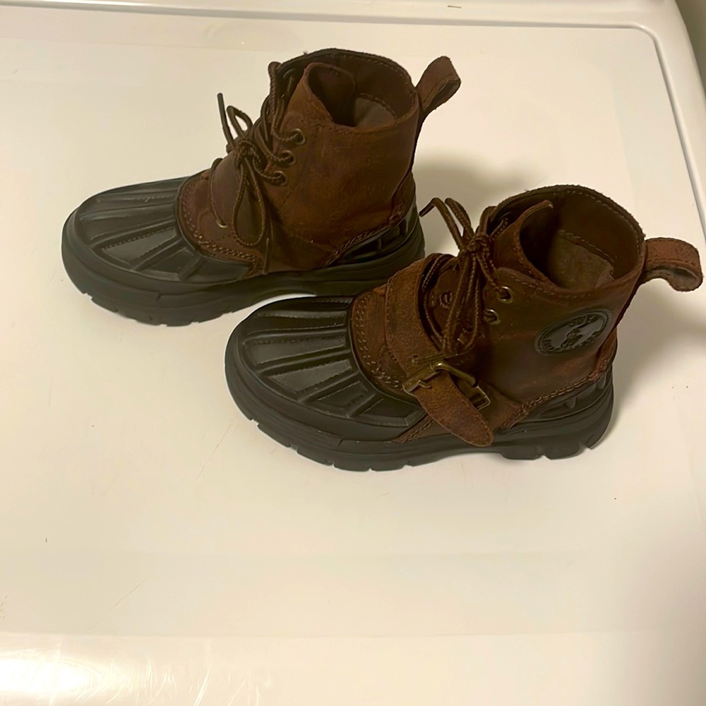 Size 11 toddler boy dark brown and black polo boots.